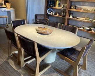 Vintage Oval Travertine Dining Table + 6 Postmodern Suede Chairs
