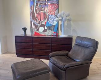 Vintage DS 49 Chair and Ottoman by De Sede and Vintage Rosewood Dresser