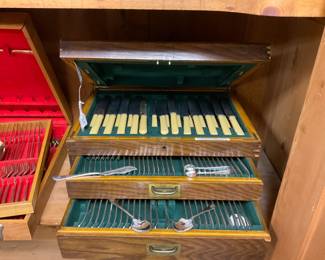 Large collection of antique and vintage flatware sets. This set is by Henry Birks & Sons Limited.