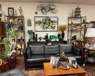 Huge collection of antique furniture, artwork, collectibles. Featured in this picture are true vintage 1960’s Danish MCM leather sofa, loveseat, and chair and ottoman.