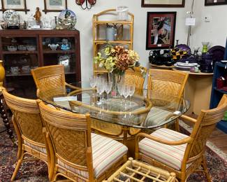 Rattan Glass Top Patio Table and 6 Chairs.