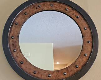 Large Round Beveled Mirror With Wood Look Frame.