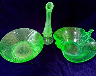 Uranium Vaseline Glass - Swirl Bowl, Vase, Fenton Bird Handle Bowl