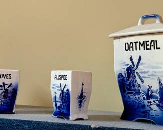 Vintage Blue and White Ceramic Windmill Containers - Cloves, Allspice, Oatmeal -Amstel Delft, Germany