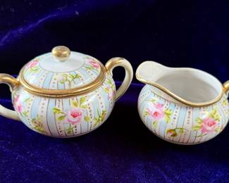 Blue and Pink Floral Creamer and Sugar bowls - Hand Painted, Nippon