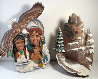Ceramic Figurines - Eagle with Native Americans and Cougar on Cliff
