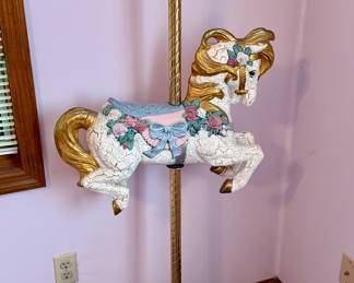 Replica Wooden White Carousel Horse with Brass Pole