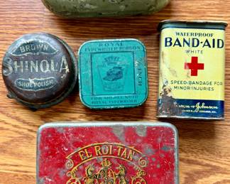 Vintage Tins - Royal Typewriter Ribbon, Eveready Mazda Automobile Lamp Kit, Shinola Shoe Polish, Johnson & Johnson Band Aid, El Roi-Tan Flor Fina Cigar