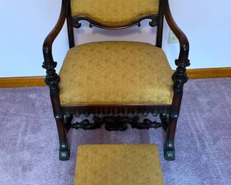 Ornate Carved Wood and Gold Upholstered Armchair with Ottoman