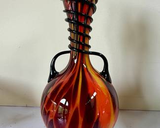 Black, Red, Orange, Yellow Flame Two Handle Loetz Tango Vase - Art Deco - Loetz Glassworks