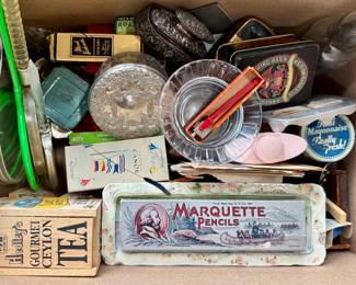 Collection of Various Items, of Note: Marquette Pencils, Hedley's Ceylon Tea, Tins, Silver Box, Silver Buff, Real Mayonnaise Lid