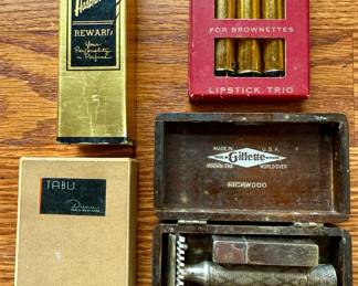 Assorted Vintage Beauty Items - Reward Perfume by Muriel Hasbrouck - No Smear Lipstick, Hazel Bishop - TABU Fragrance, Dana Classic - Gillette Safety Razor Set in Richwood Wooden Case