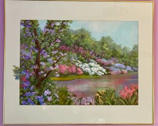Framed - Outdoor Scene of Pond with Purple, Pink, White Blooms - Kasandra Martell