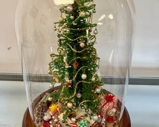 Christmas Tree Scene Under Cloche on Wood Base