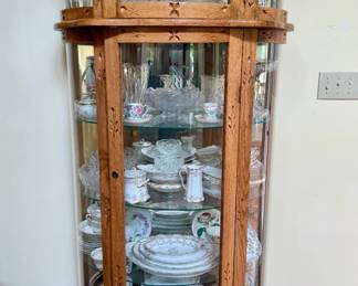 Bowed Etched Glass / Carved Wood China Cupboard - Curio Cabinet