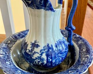Blue and White Wash Basin and Pitcher Set - Victoria Ware