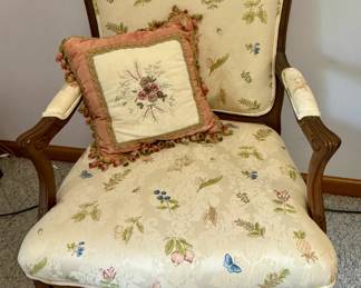 Carved Wood and Floral / Butterfly Upholstered Armchair