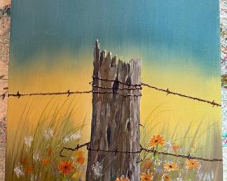 Canvas - Rustic Fence Post with Barbed Wire and Wildflowers - Jeffers