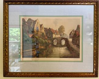 Framed and Matted Townscape with Bridge, Buildings and Water 303 - de Zooccher