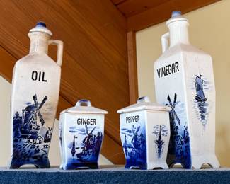 Vintage Blue and White Ceramic Windmill Containers - Oil, Ginger, Pepper, Vinegar -Amstel Delft, Germany