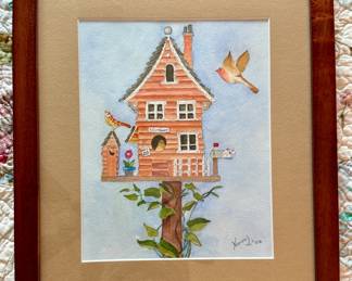 Framed and Matted Watercolor - Birds and Birdhouse - Norm J. "02