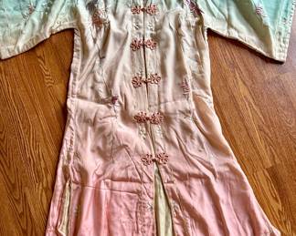 Vintage Asian Embroidered Flowered Silk Jacket - Gradient Green to Pink Jacket with Frog Closures