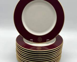 Set of 12 Country Club of Virginia dinner plates with maroon and gold rims and gilt crest, by Mayer China Co.;