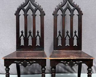 Pair of Gothic Revival sanctuary high back chairs