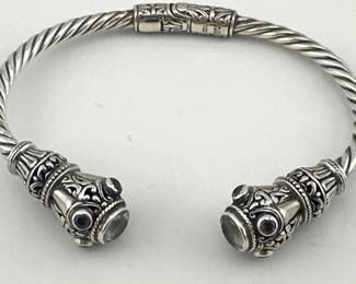 Sterling signed hinged cuff with amethyst and prasiolite