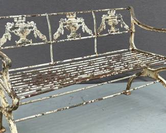 Vintage white painted Adams style wrought iron garden bench