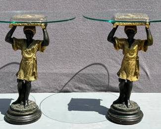 Pair of decorative glass top round blackamoor side tables