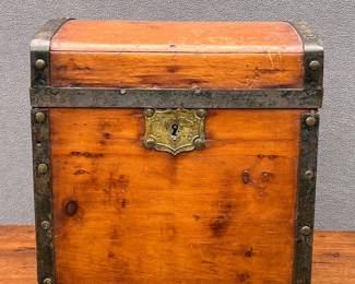 Diminutive metal banded pine document trunk