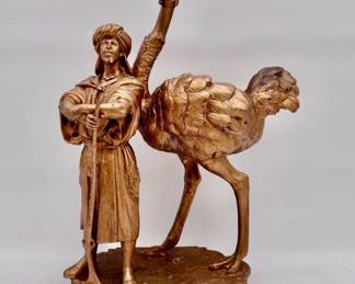 Gilt spelter Ostrich and warrior planter on stand
