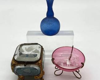 Mary Gregory trinket dish, bottle, glass casket