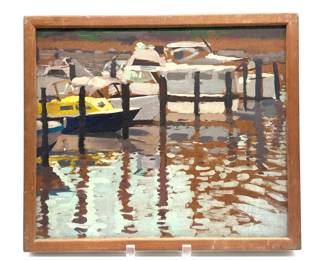 Charming framed painting on board of docked boats, unsigned