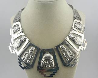 Peruvian sterling face motif collar necklace