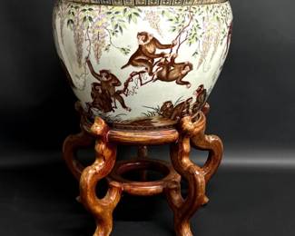 Chinese monkey decorated fish bowl, stand