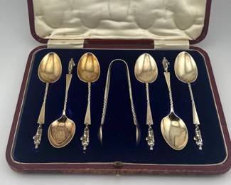English boxed set of sterling Apostle spoons with sugar tongs