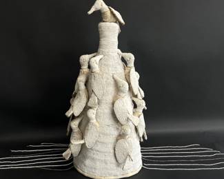 Magnificent white beaded crown worn by kings descended from Odudua, founder of the Yoruba tribe in Nigeria