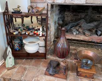 Carved Wood Wall Shelf, Duck Figurines, Antique Coffee Grinders, etc