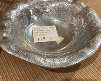 #179 Pewter Bowl made in Indi Sun/Moon/Start Interior Floral Exterior - 11" $30.00