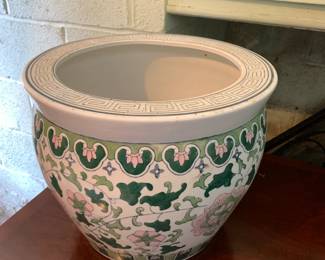 #70 Green/White Ceramic Pot - 14x12 $25.00
