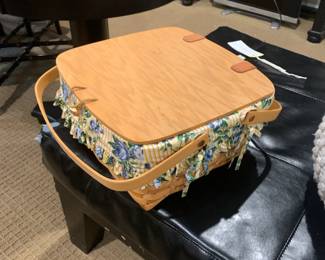 #148 Longaberger Picnic Basket w/Wood Insert, cloth and plastic liner $30.00