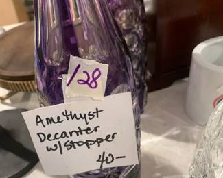 #128 Amethyst decanter w/stopper - 17" Tall $40.00
#129 Amethyst decanter w/stopper - 17" Tall $40.00
