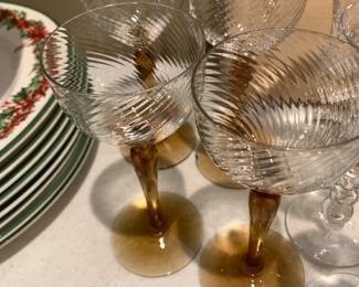 #126 Set of 4 Amber Colored Stemmed Dessert Wine Glasses - 6" High $20.00