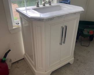 #184 misc garage white vanity with marble top sink $100.00