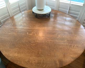 #182 42 inch oak round pedestal table 3 leaves unusual Dolphine carved feet no chairs $2,000.00