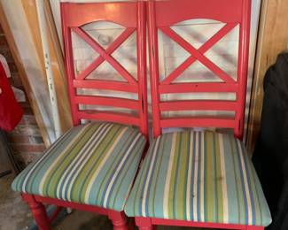 #60 Pair of Red Painted Wood w/upholstered Seats Dining Chairs $30.00