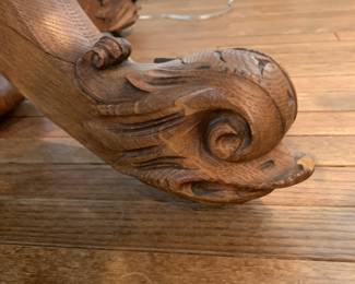#182 42 inch oak round pedestal table 3 leaves unusual Dauphine carved feet no chairs $2,000.00