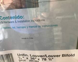 #58 Full Wood Louver Bifold Door - 7/8" x 36x78 - New Wrapped $30.00
#59 Full Wood Louver Bifold Door - 7/8" x 36x78 - unwrapped $25.00